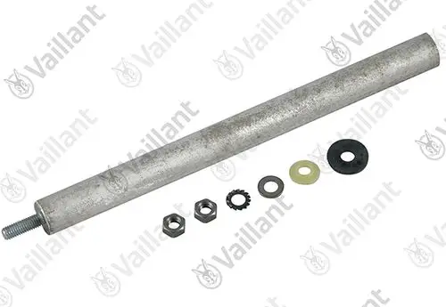 Metallstange mit Gewinde und mehreren Unterlegscheiben und Riegeln in der Nähe. Vaillant-Produkt, vermutlich Bestandteil eines Heizsystems.